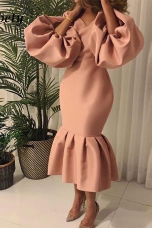 Spring-Ready Elegance: Vintage Puff Long Sleeve Ruffle Vneck Solid Bodycon Mermaid Dress for the Office