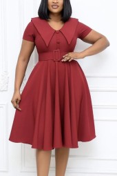  Classy Modes: Office Elegant Pleated High Waist Button Up Short Sleeves With Belt Dress Line