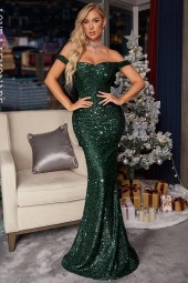 Festive Holiday Sparkle: Emerald Green Tube Top Bodycon Sequin Prom Maxi Dress