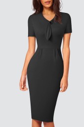 Elegant Office-Ready Solid Color Neck Button Fitted Vintage Bodycon Pencil Dress With Pockets