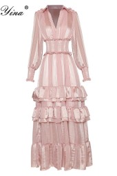 Luxurious Autumn Pink Striped Long V-Neck Lantern Sleeve Ruffle Dress for a Special Occasion