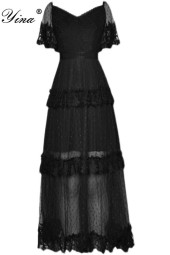 Summer Elegance: Black V-Neck Mesh Dotted Lace Patchwork Dress