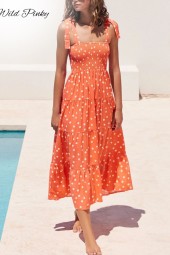 Bohemian Summer Vacation: Long Tie-Up Sundress with Square Collar and Elastic Straps