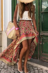 Vintage Floral Boho Maxi Skirt - Elastic Waist Summer Skirt for Beach Casual Style