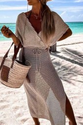 Summertime Fun: Bikini Beach Tops Neck Patchwork Short Sleeve Solid Dress Holiday Casual Drape Streetwear