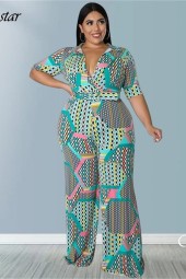 Plus Size Jumpsuit Summer Neck With Belt Urban Leisure Shirts Bodysuit - Perfect for Any Occasion 