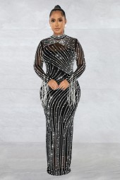 Elegant Banquet Wear: Gauze Perspective Drill Long Sleeve A-Line Dress with Lining Two-Piece Set