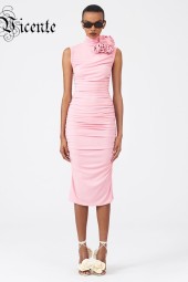 Vintage-Inspired Pink Elegant High Collar Floral Sleeveless Draped Midi Dress
