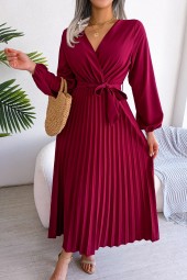 Luxurious Elegance: Long Sleeve Pleated Maxi Dress with a Flattering Neckline