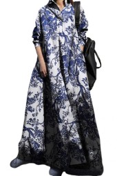 Floral Breathable Dress: Casual, Large Hem, Turndown Collar, Holiday