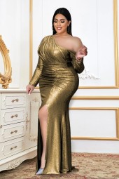 Glamorous Gold Plus-Size Cold Shoulder Prom Dress with High Waist Slit for Autumn Birthdays