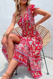 Bohemian Beauty: National Style Floral Split Midlength Skirt Summer Short Sleeve Dress