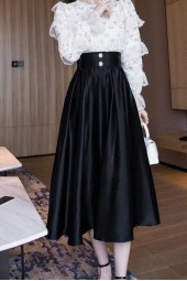 Classic Chic: High Waist Black Pleated Satin Midi Skirt with Pearls