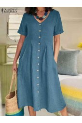 Summer Dress: Solid Short Sleeve Vneck Cotton Button Midi Shirtdress