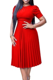 Red Plus-Size Peplum Pleats Knee-Length Dress: Elegant Tempered Style