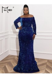 Blue Plus Size Evening Elegant Off Shoulder Long Sleeves Sequins Bodycon Maxi Prom Dress Gown