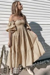 Vintage Ruffle Summer Short Sleeve Midi Casual Plaid Long Sundress Holiday Boho Dress