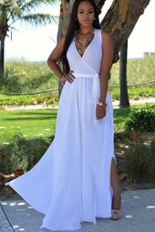 Elegant White Sleeveless V Neck Maxi Chiffon Dress