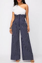 Chic One-Shoulder Top and High-Waisted Striped Pants Set