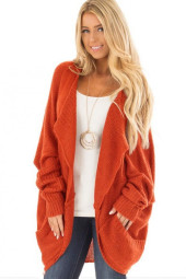 Vibrant Knitted Pockets Bat Sleeve Open Front Sweater Cardigan