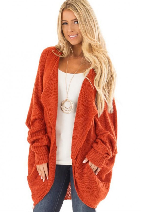 Vibrant Orange Knitted Pockets Bat Sleeve Open Front Sweater Cardigan