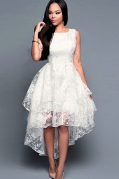 White Lace Mesh Ruffles Layered  High Low Party Dress