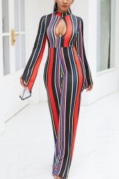 Vibrant Red Stripe Keyhole Flare Sleeve Wide Leg Jumpsuit