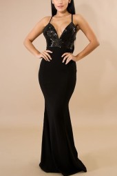 Glamorous Black Sequin Spliced Mermaid Maxi Dress with Plunging Backless Design