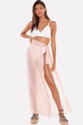 Pink Mesh Sheer Slit Maxi Beach Skirt Cover Up