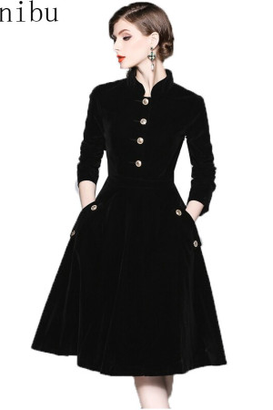 Elegant Black Velvet Winter Retro Coat Dress