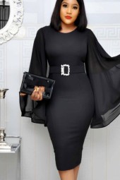 Elegant Party Dress Black Office Chiffon Flare Long Sleeve