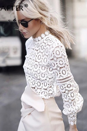 Elegant White Lace Blouse Shirt Lantern Sleeve Hollow Out Embroidery Patchwork Blouses Autumn Tops