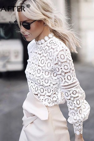 Luxurious White Lace Blouse with Embroidered Lantern Sleeves and Hollow Out Patchwork for Autumn
