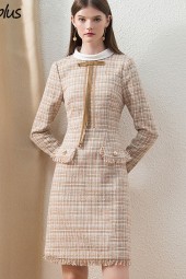 Chic Khaki Tweed Winter Office Dress - Custom Midi Length with Long Sleeves