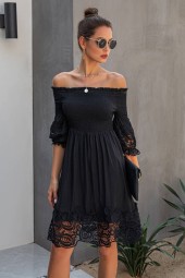 Black Off Shoulder Shirred Crochet Splicing Casual Dress
