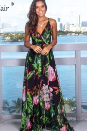 Tropical Vintage Beach Maxi Plus Size Floral Backless Neck Summer Boho Dress Long