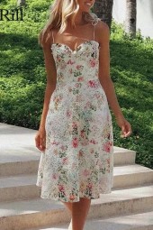 Lace Embroidery Midi Floral Spaghetti Strap Party Sleeveless Backless Boho Dress Summer