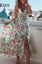 Summer Blooms: Elegant Chiffon Maxi Dress with Spaghetti Straps for Beach Parties