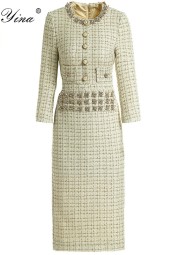 Luxurious Crystal-Buttoned Gold-Wire Tweed Slim Dress for Spring/Autumn