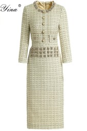 Luxurious Crystal-Buttoned Gold-Wire Tweed Slim Dress for Spring/Autumn
