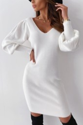 Elegant White Winter Party Dress with Black Lace Openback Lantern Sleeve V-Neck Sweater for Spring
