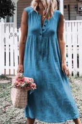 Summer Breeze: Elegant Soft Button Pleated Linen Sleeveless Midcalf Length Beach Dress