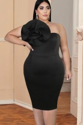 Plus Size Black Big Flower Bodycon Sleeveless Tunics Knee Length Elegant Vintage Weing Dinner Event Dress