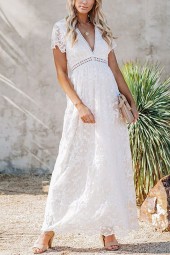 Summer Boho Maxi Embroidery Short Sleeve Vocation White Lace Tunic Long Beach Dress