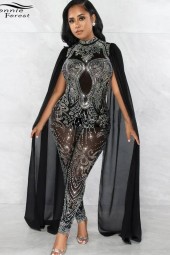 Glamorous Sparkle: Black Rhinestone Mesh Shift Long Sleeve Rompers with Glitter Skinny Crystal Jumpsuits for Clubwear