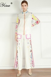 Bohemian Chic: Designer Set Spring Long Sleeve Blouses Tops+Bellbottoms Indie Folk Twopiece Suit