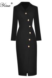 Sleek and Sophisticated: Runway Dress Summer Neck Long Sleeve Singlebreasted Slim Office Black Split Dress
