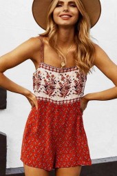 Summery Red Floral Boho Jumpsuit - Perfect for Beach or Casual Wear 