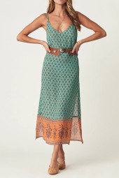 Summer Breeze Floral Boho Dress - Green Rayon, Sleeveless, Side Slit