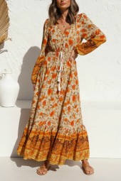 Bohemian Beauty: Ethnic Long Sleeve Tie Neck Tassel Floral Beach Maxi Rayon Boho Dress